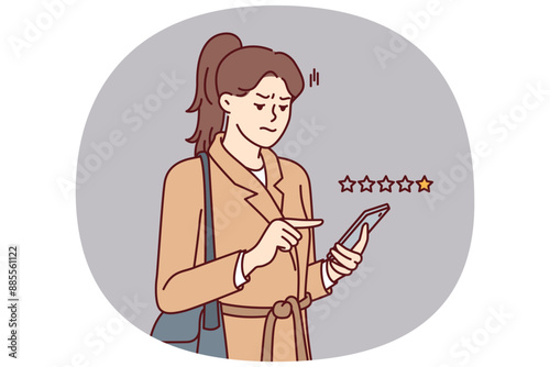 Woman with phone shares user experience by giving negative rating to store or restaurant. Girl uses mobile application on smartphone to put one star and lower company rating due to poor service