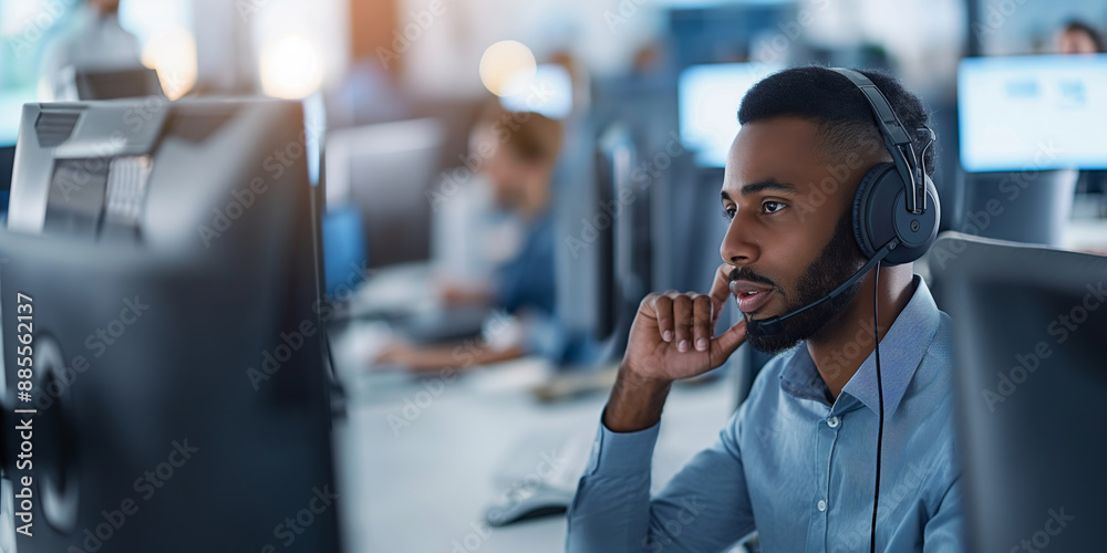 Professional Customer Service Representative Utilizing Headset in Modern Office Professional Customer Service Representative Utilizing Headset in Modern Office