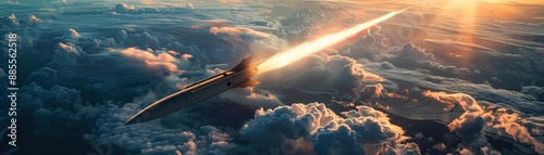 A hypersonic missile is showcased in mid-flight, depicting the intensity of an air attack