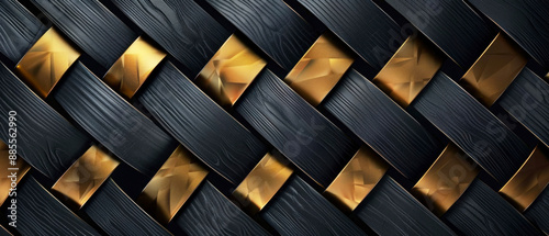Fototapeta Naklejka Na Ścianę i Meble -  Golden black metallic geometric 3d shapes of metal squares stripes mosaic cubes wall, tiles, blocks, boxes, gold metallic tile pattern texture background 