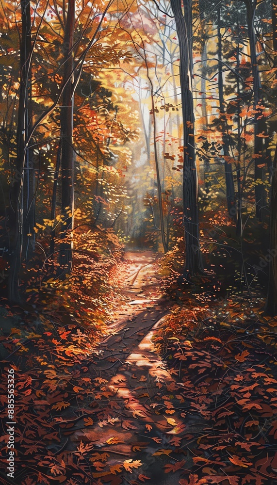 Obraz premium Golden autumn sunlight streams through a colorful forest path