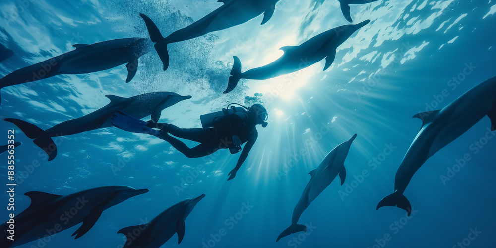 Obraz premium Diver Swimming with Dolphins in Sunlit Blue Ocean
