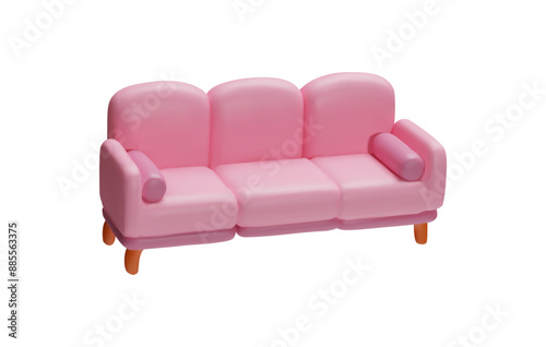 Fashionable 3D sofa with triple cushions, wooden legs and cylindrical cushions on a white background