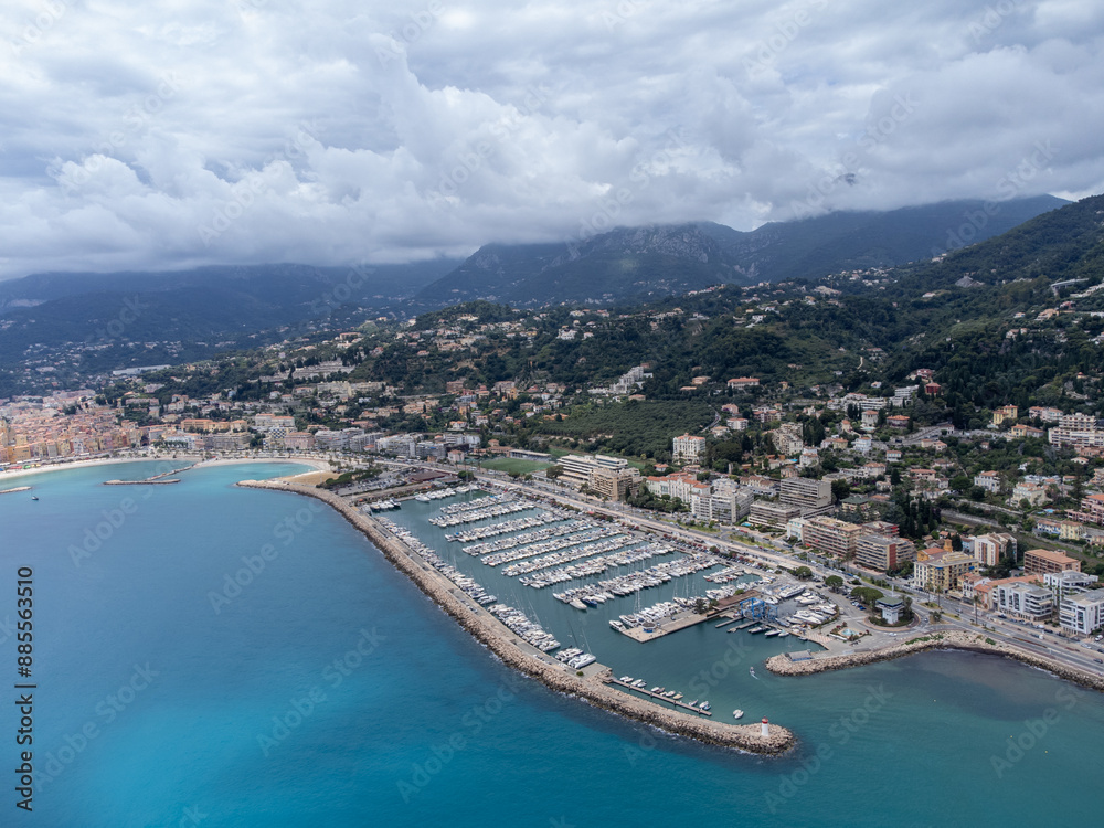 Fototapeta premium Aerial view on French Riviera, Menton, Monte-Carlo and Monaco and Mediterranean Sea from French-Italian border in Ventimiglia, travel destination, panoramic view from above