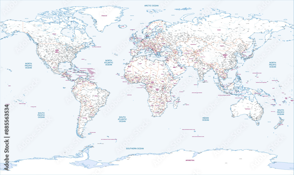 Outline map of the world with countries labeled And most of cities and towns Outline map of the world with countries labeled And most of cities and towns