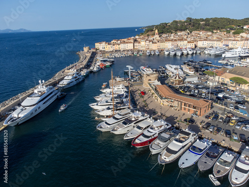 Aerial view on boats, yachts and old port of famous Saint-Tropez town on French Riviera, Var, Provence, France, summer vacation destination photo