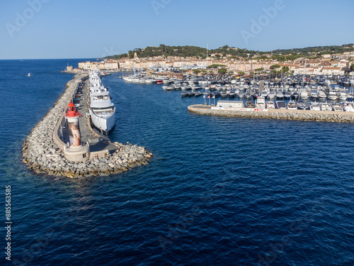 Aerial view on boats, yachts and old port of famous Saint-Tropez town on French Riviera, Var, Provence, France, summer vacation destination photo