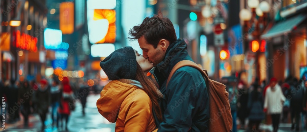 A couple shares a tender kiss amid the vibrant energy of the city streets, capturing a heartfelt A couple shares a tender kiss amid the vibrant energy of the city streets, capturing a heartfelt
