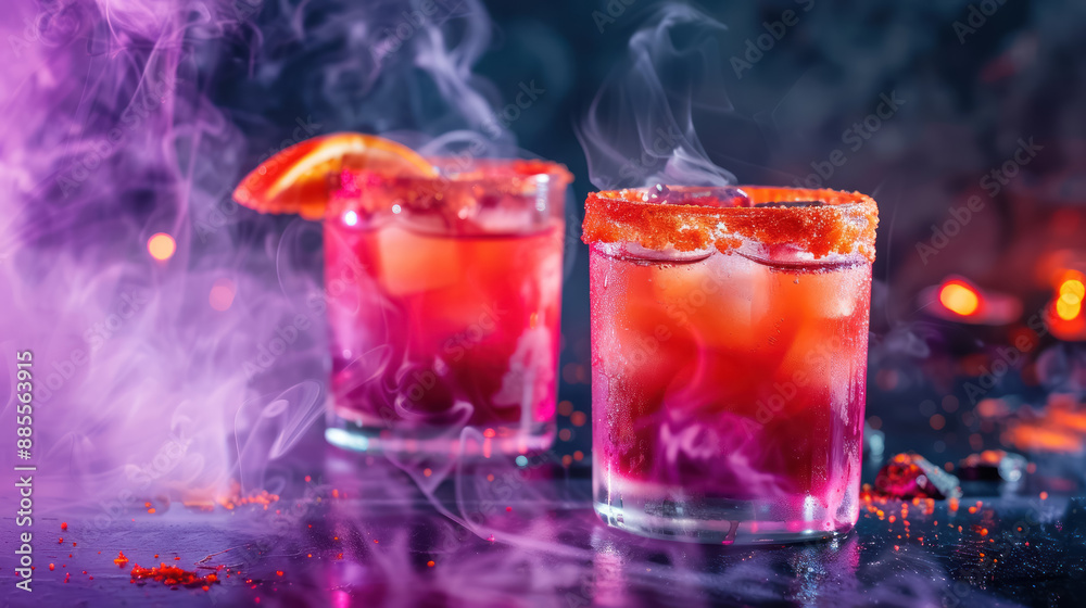 dramatic crimson cocktails with smoky purple backdrop and orange salted rims on a mystical night dramatic crimson cocktails with smoky purple backdrop and orange salted rims on a mystical night