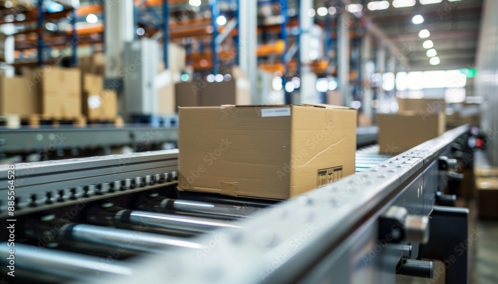 Efficiency of conveyor belt warehouse Cardboard boxes for e-commerce Wide banner, copyspace Efficiency of conveyor belt warehouse Cardboard boxes for e-commerce Wide banner, copyspace
