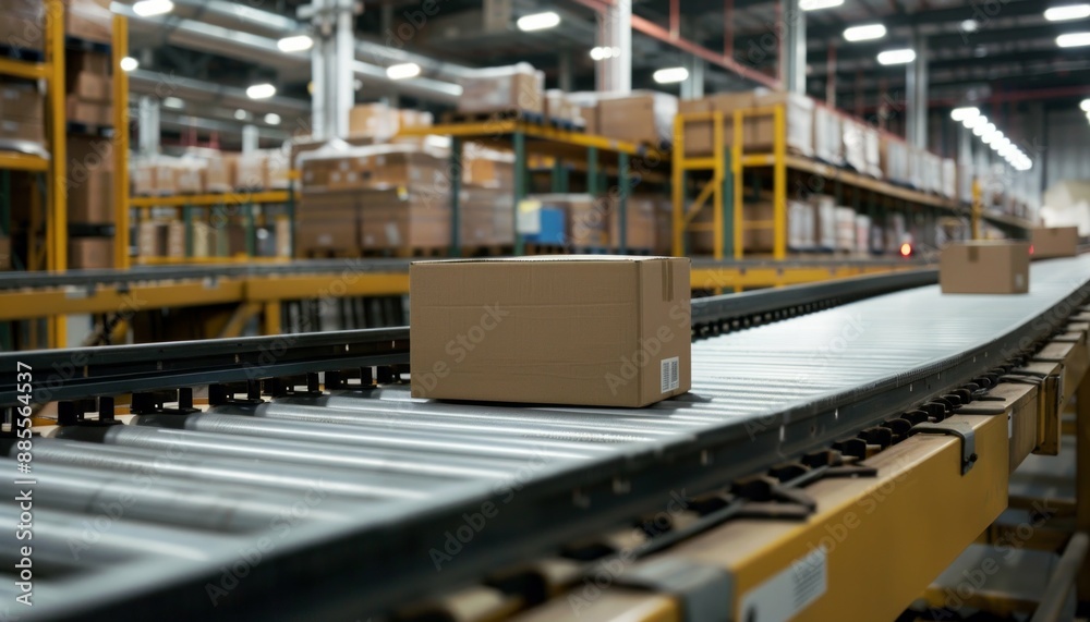 Efficiency of conveyor belt warehouse Cardboard boxes for e-commerce Wide banner, copyspace Efficiency of conveyor belt warehouse Cardboard boxes for e-commerce Wide banner, copyspace