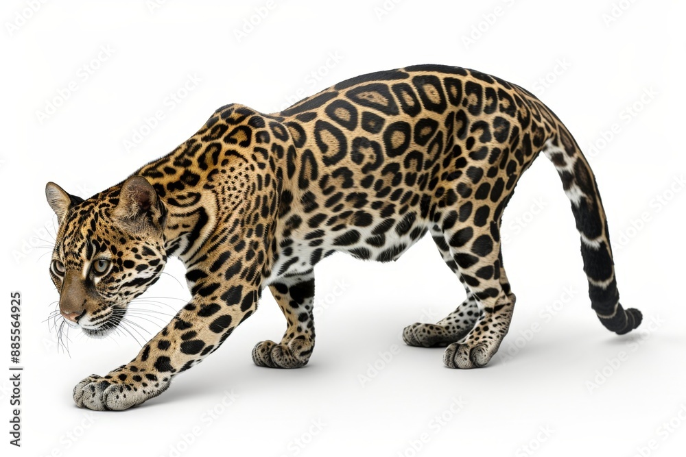 Majestic Jaguar in Captivity: A Full-Body Portrait Isolated on White Background Majestic Jaguar in Captivity: A Full-Body Portrait Isolated on White Background