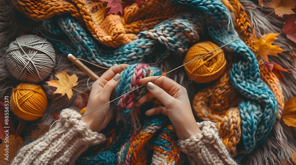 Obraz premium Knitting a Scarf: Hands knitting a scarf with knitting needles and colorful yarn, with a cozy setting around. 