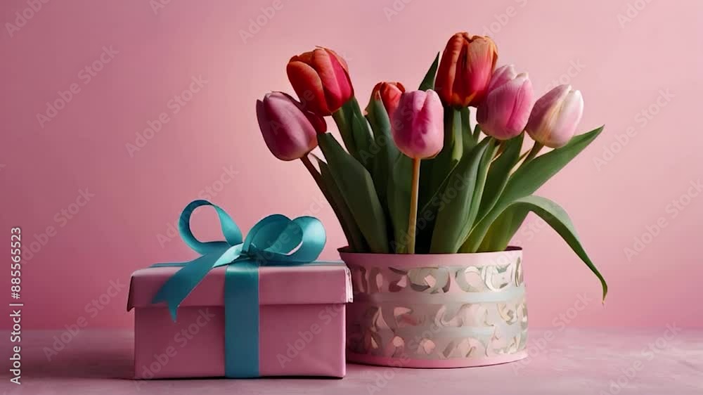 Pink Tulips in a Metal Pot with a Pink Gift Box Tied with a Blue Ribbon Pink Tulips in a Metal Pot with a Pink Gift Box Tied with a Blue Ribbon
