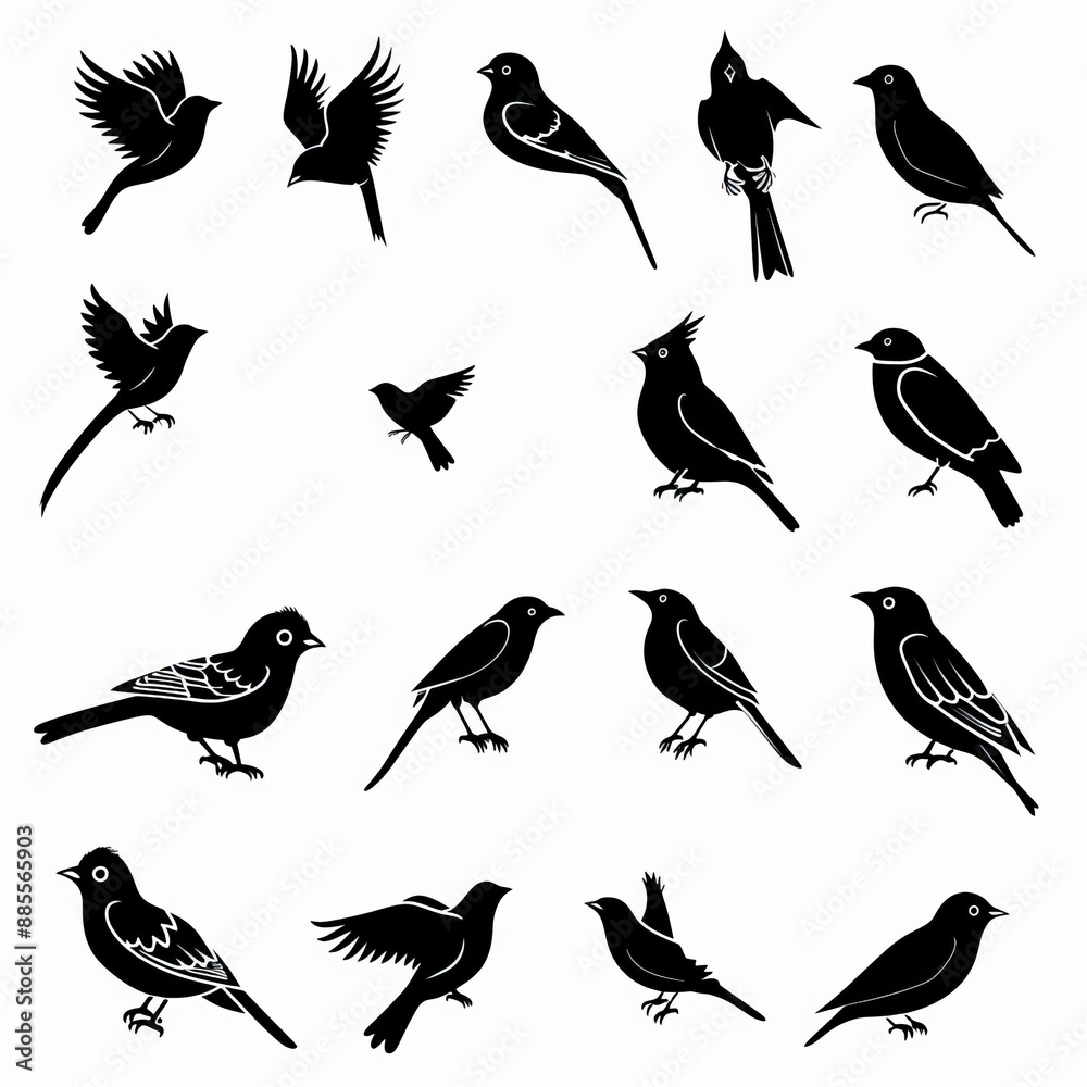 Obraz premium Bird icon set, black and white sparrow symbols, bird sign collection, wild animal pictograms on white
