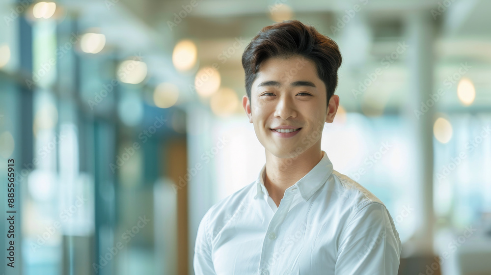 young Asian man in a white shirt smiles warmly in a modern, bright office setting. The background shows a blurred image of office space with lights, professional and friendly work environment young Asian man in a white shirt smiles warmly in a modern, bright office setting. The background shows a blurred image of office space with lights, professional and friendly work environment