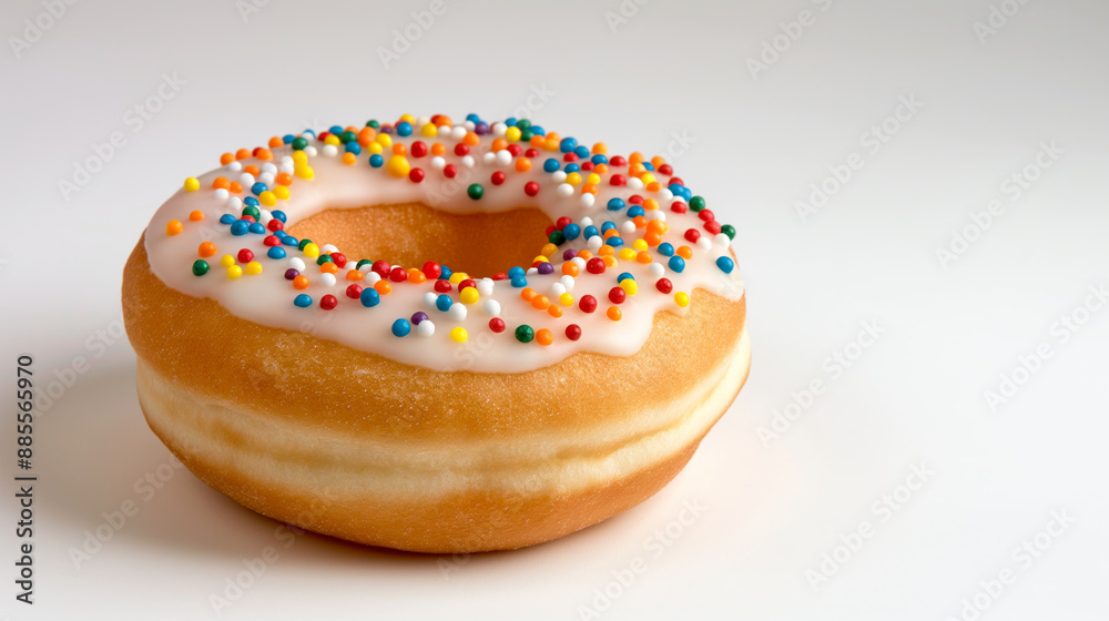 Close-up of a delicious frosted donut topped with colorful sprinkles, showcasing its fluffy texture and sweet icing Close-up of a delicious frosted donut topped with colorful sprinkles, showcasing its fluffy texture and sweet icing