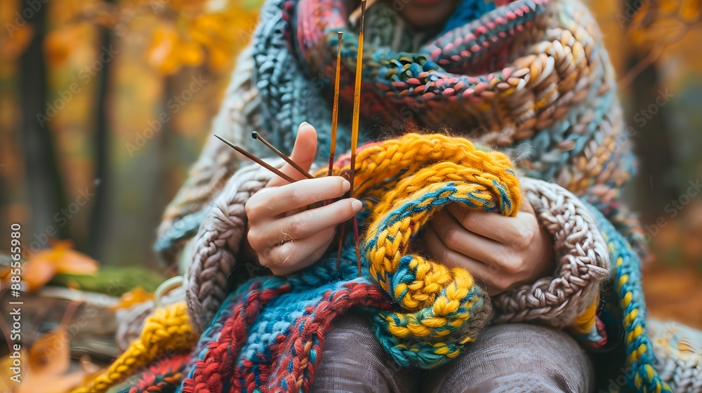 Knitting a Scarf: Hands knitting a scarf with knitting needles and colorful yarn, with a cozy setting around.
Knitting a Scarf: Hands knitting a scarf with knitting needles and colorful yarn, with a cozy setting around.