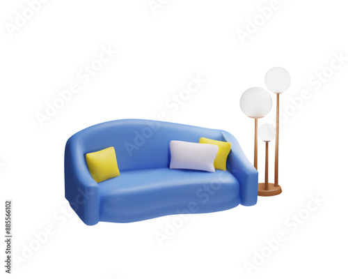 Blue sofa with pillows and floor lamp 3D plastic style vector icon, leather couch rounded back, modern lounge furniture