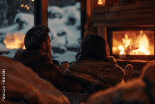 Cozy Winter Evening by the Fireplace with Couple Relaxing and Enjoying Warmth at Home © Lidok_L