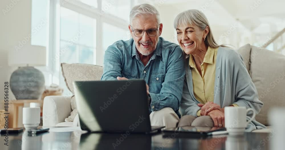 Mature couple, home and happy with technology for asset management or retirement planning on sofa. Man and woman on laptop or digital technology for results on investment, insurance or property value