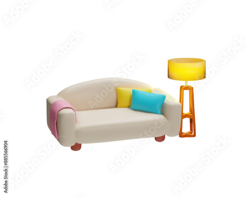 An elegant 3D sofa with rectangular cushions, a plaid, wooden legs and a lamp