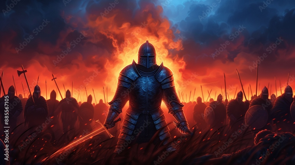 Fototapeta premium Historical combat with warriors in heavy metal plate armor, fighting with swords and axes, oil painting style, dramatic lighting, vivid colors