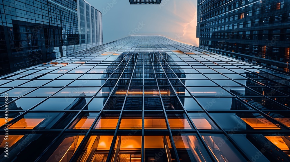 custom made wallpaper toronto digitalA view of a high rise glass building and a dark steel window system on a blue clear sky background. A business concept of future architecture looking up to the suns light on top of the building. 3D