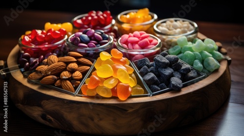 Sweet Candy Display with Mixed Nuts and Dried Fruit Assortment for Snacking Delight photo