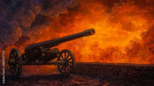 Historical fort with iron cannons and reinforced security measures, demonstrating robust arms and defense in ancient warfare, oil painting style, dramatic lighting, vivid colors