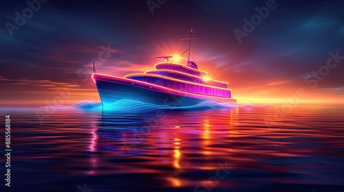 A neon lit yacht sailing on calm waters at sunset, with vibrant reflections and a colorful sky creating a stunning visual scene.
 photo
