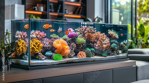 Aquarium with corals reefs and different fishes on table in home interior photo