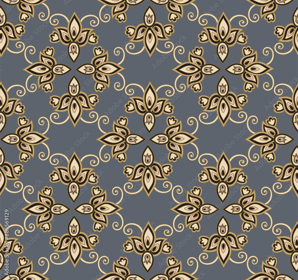 Fototapeta premium Arabesque floral seamless pattern. Flourish ornamental texture in classical interior decor style. Floral tile background. Fantastic flowers and leaves. Wonderland motives of stylish damask patterns.