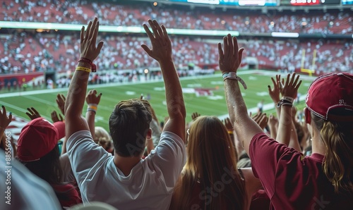 group of fans cheering in stands at american football game with hands raised high, wearing red or white attire with team logos, lively atmosphere during midday light