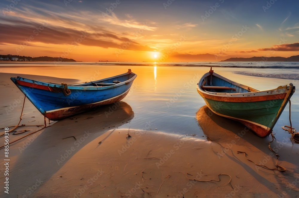 Fototapeta premium Two Small Fishing Boats On The Beach At Sunset Background Generative using Ai 