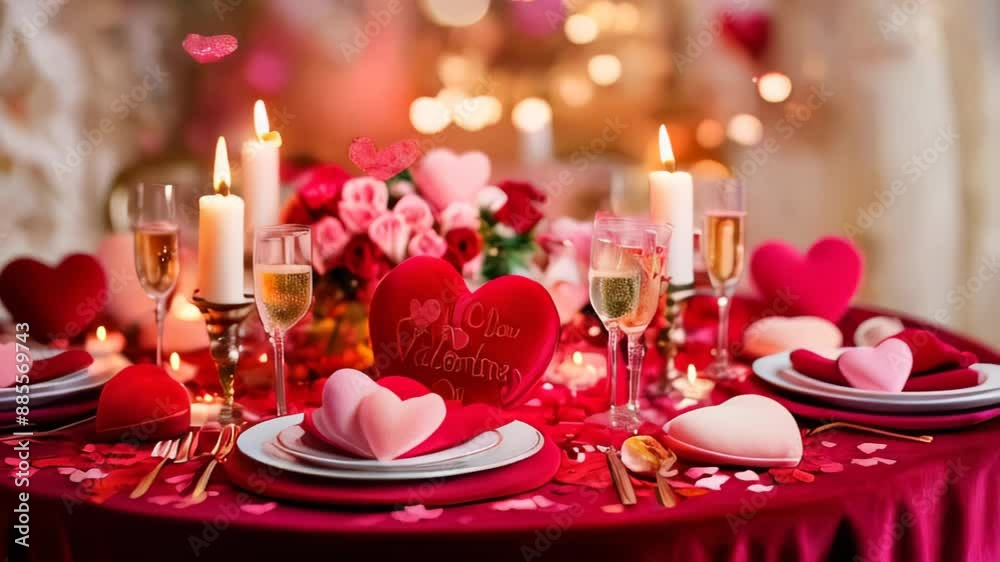 Luxury romantic restaurant banquet table set up served dinner tableware. Wedding decor bouquet candle dinner pink style. Tablecloth catering celebration dining room. Festive flower glasses hearts Luxury romantic restaurant banquet table set up served dinner tableware. Wedding decor bouquet candle dinner pink style. Tablecloth catering celebration dining room. Festive flower glasses hearts
