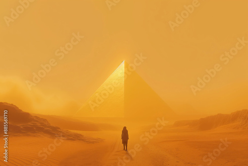 Golden sunset pyramid in distant desert with a lone traveler standing still awe inspiring view travel concept