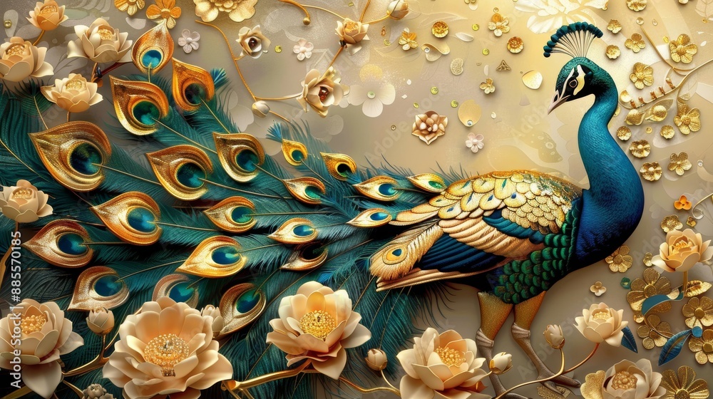 3d mural peacock illustration background with golden jewelry and flowers 3d mural peacock illustration background with golden jewelry and flowers