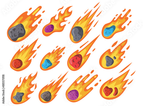 Vector meteor asteroid comet set