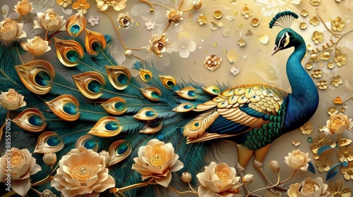 3d mural peacock illustration background with golden jewelry and flowers