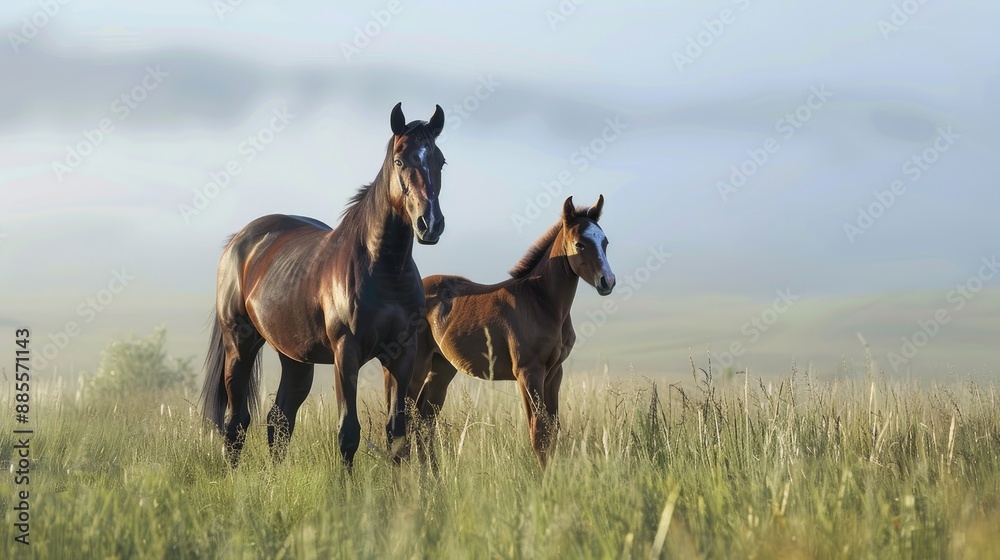 Prominent horse and young horse standing in grass field with blank area for text