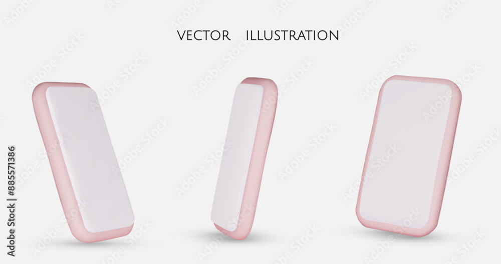 Set of pinc different angles of smartphone in 3d render with screen, isolated white background, vector illustration Set of pinc different angles of smartphone in 3d render with screen, isolated white background, vector illustration