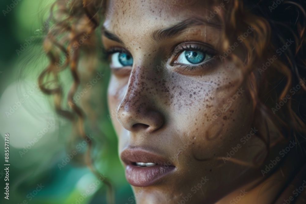Captivating close-up of a young woman with vibrant curly hair and freckles Captivating close-up of a young woman with vibrant curly hair and freckles