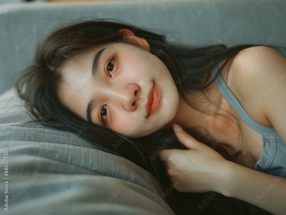 A woman relaxing on a blue couch A woman relaxing on a blue couch