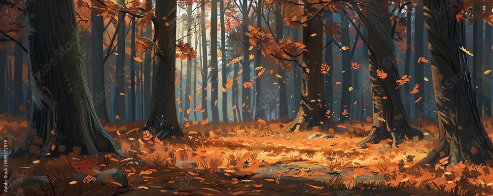 Obraz premium Beautiful Autumn Forest Scene with Falling Leaves, Digital Art