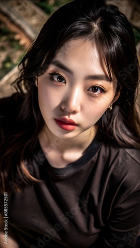 Portrait of a young Asian woman with long dark hair looking at the camera with a serious expression