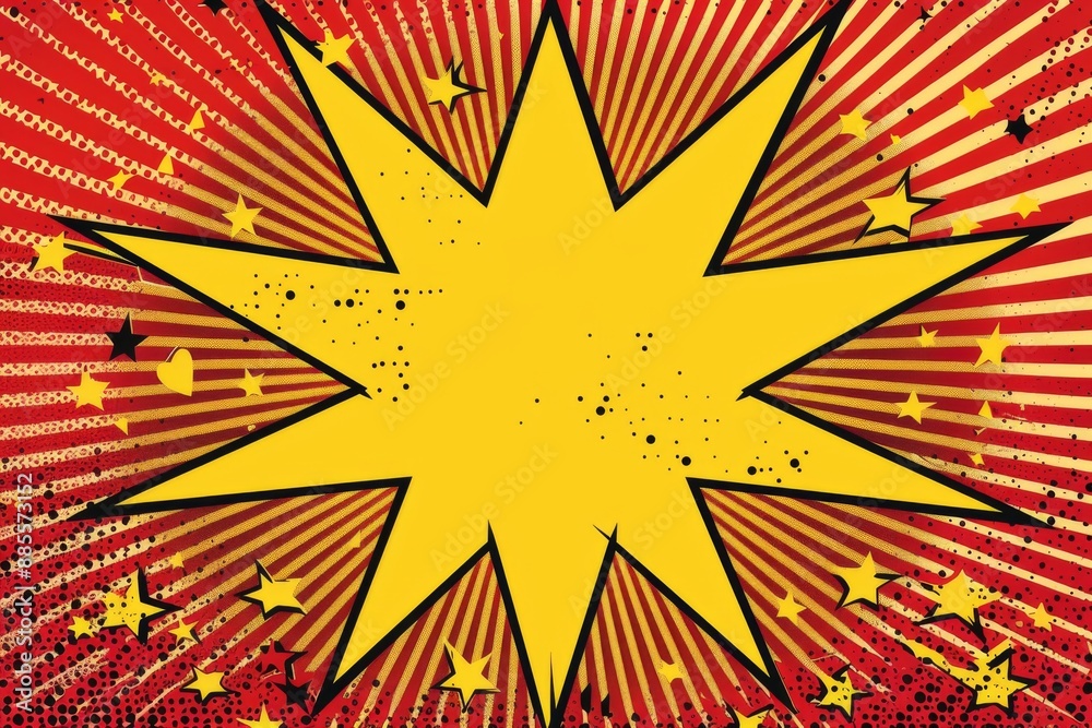 Fototapeta premium Vibrant comic book style explosion with yellow starbursts and red background