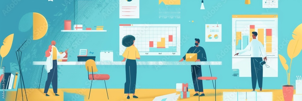 Team Meeting, Office Collaboration, Business Strategy - A team of four people collaborating in an office, discussing charts and graphs on a white board, showcasing the concept of teamwork, data analys