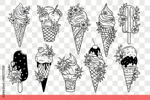 Sweet ice cream on stick or in waffle cup is decorated with summer flowers. Delicious dessert ice cream made from natural milk to quench thirst and hunger in hot weather. Hand drawn doodle