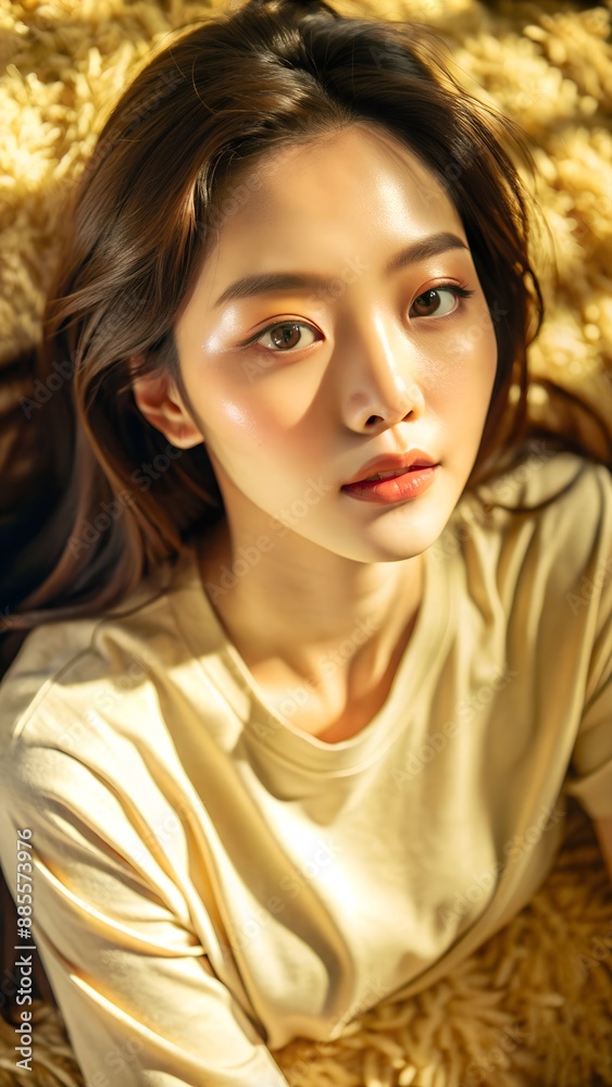 Fototapeta premium Portrait of a young woman with long brown hair and natural makeup wearing a beige shirt
